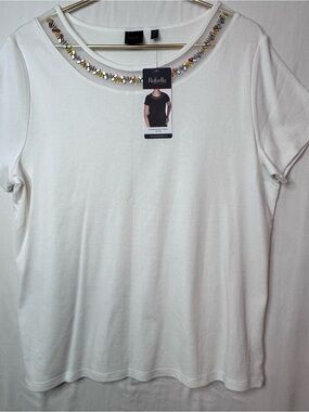 Rafaella White Short-Sleeve Scoop Neck Top with Multicolor Beading